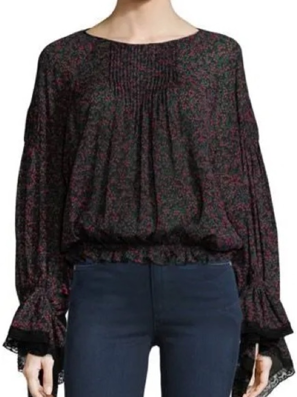 Chloe Black Blouse with Tiny Red Floral Print